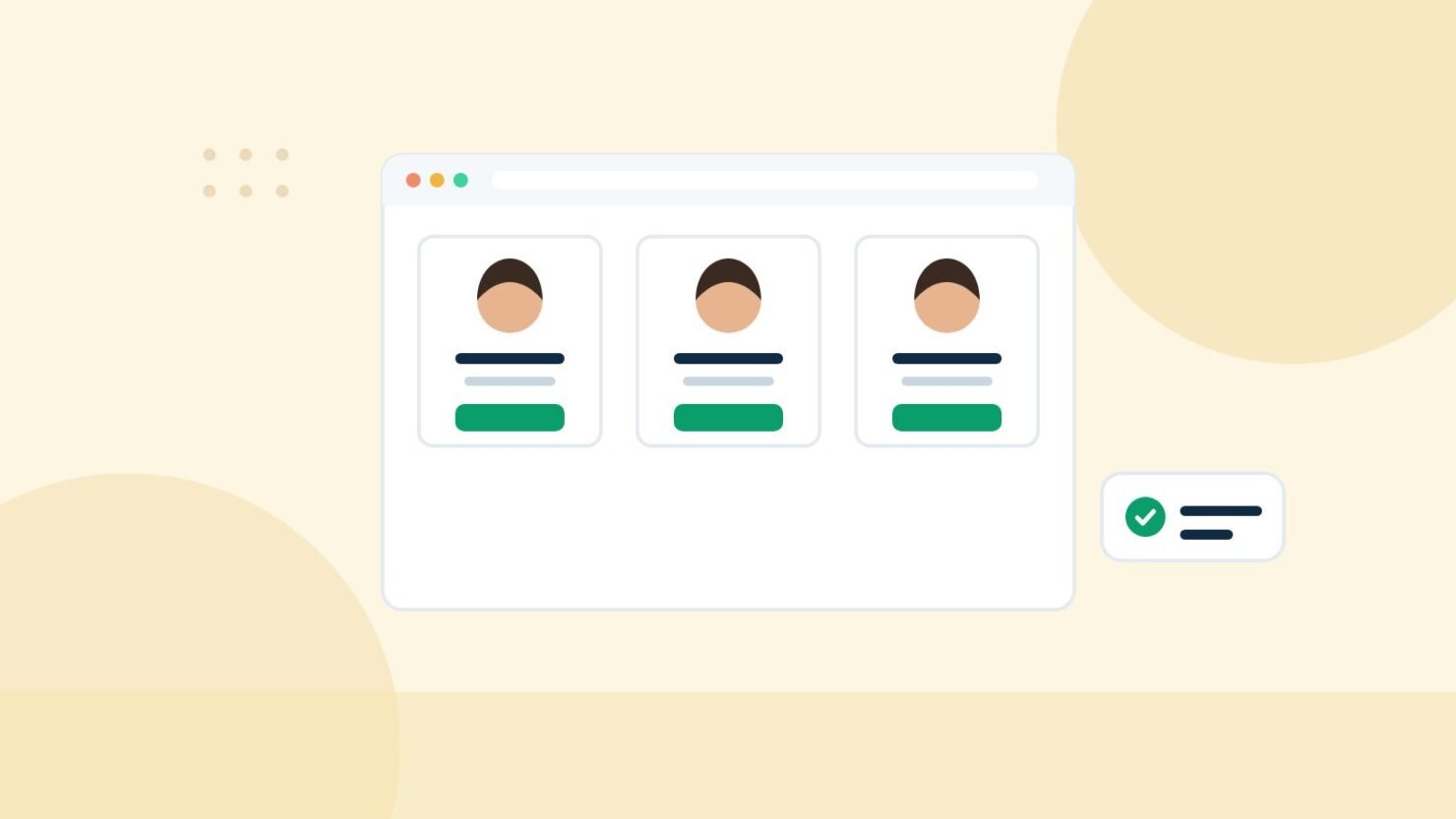 Illustration of a browser window with three freelancer profile cards