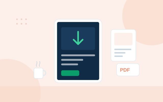 Illustration of a tablet showing a download icon beside a PDF file