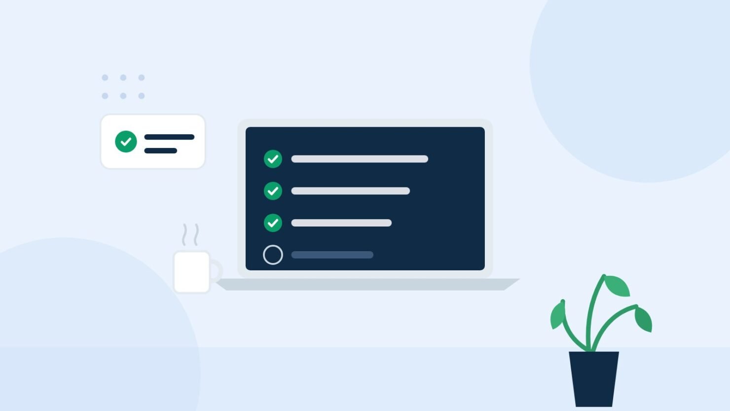 Illustration of a laptop showing a checklist next to a coffee mug and a plant