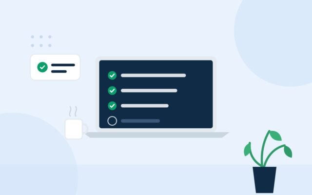 Illustration of a laptop showing a checklist next to a coffee mug and a plant