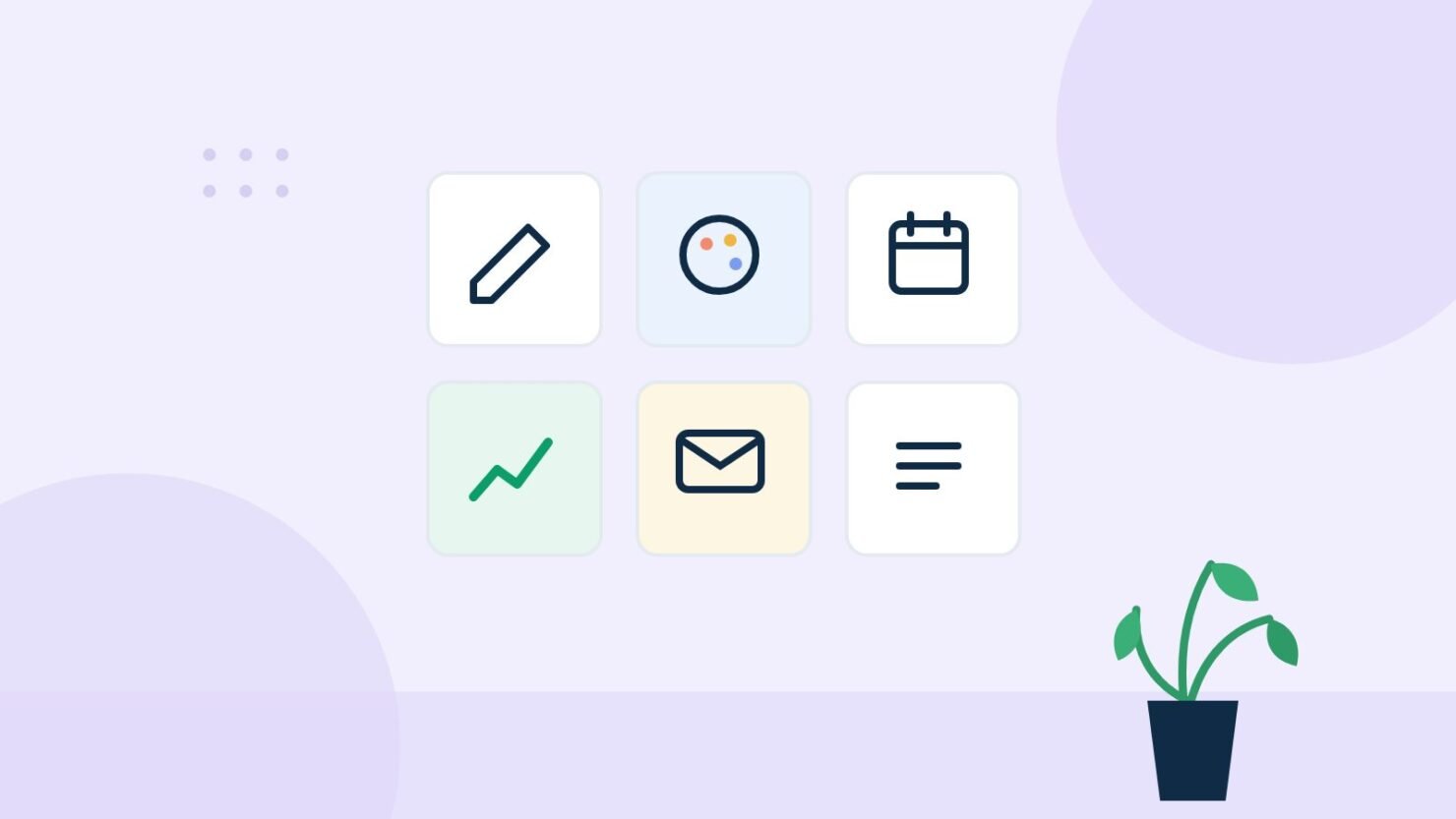 Illustration of six service icons: pen, palette, calendar, chart, mail, and notes
