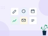 Illustration of six service icons: pen, palette, calendar, chart, mail, and notes