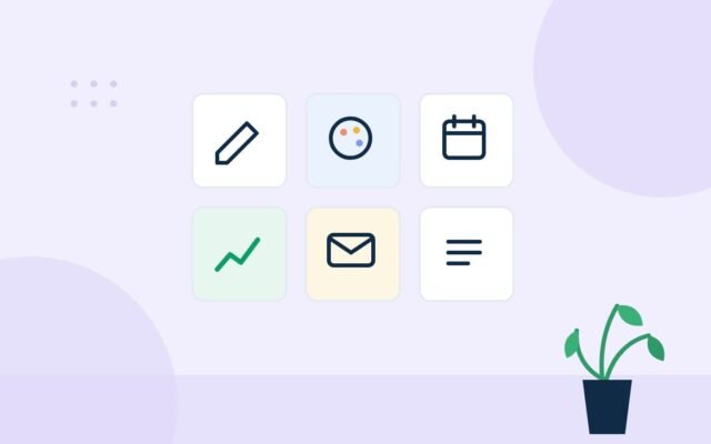 Illustration of six service icons: pen, palette, calendar, chart, mail, and notes