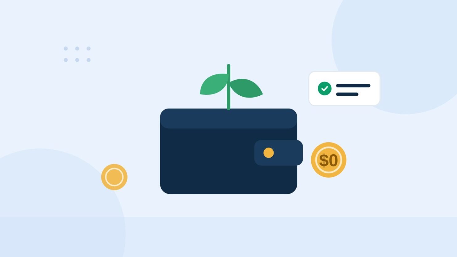 Illustration of a wallet with a plant sprouting from it and a $0 coin