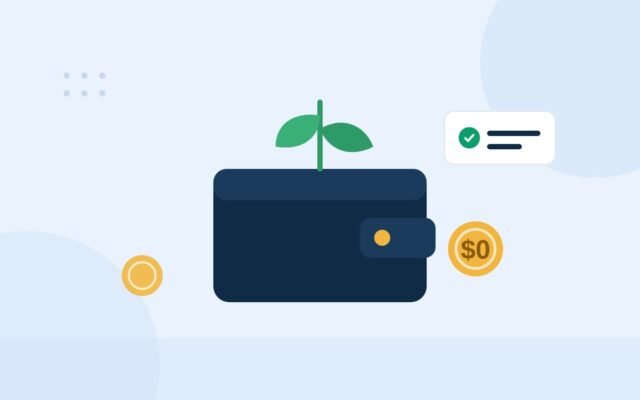 Illustration of a wallet with a plant sprouting from it and a $0 coin
