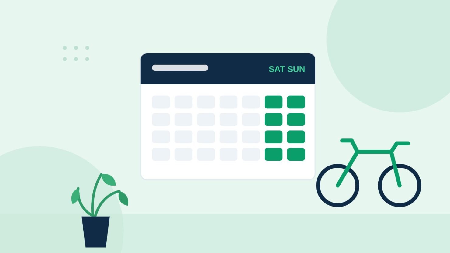 Illustration of a calendar with Saturday and Sunday highlighted next to a bicycle
