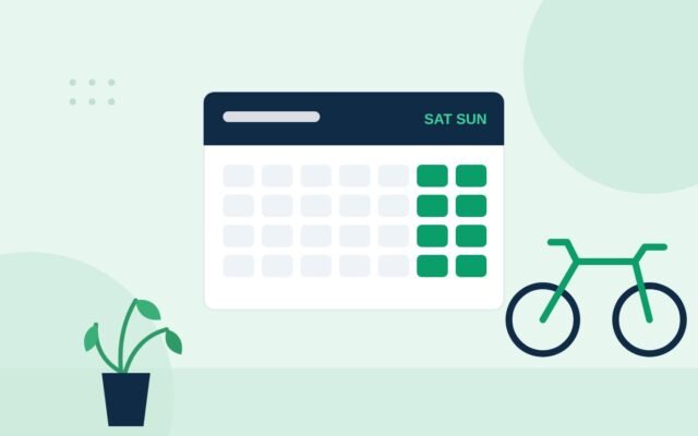 Illustration of a calendar with Saturday and Sunday highlighted next to a bicycle